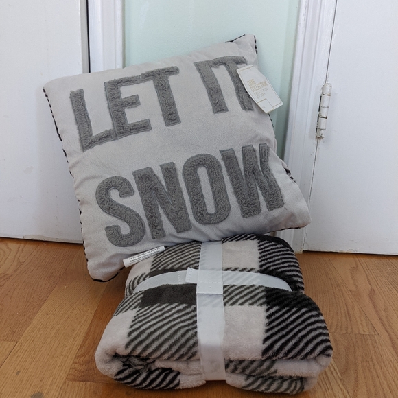 None Other - NWT Let It Snow Cushion Pillow & Plaid Fleece Throw Christmas Holiday Gift Set